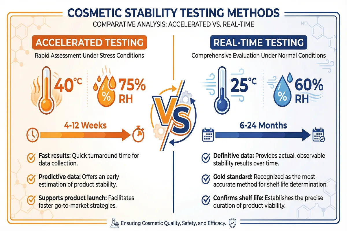 Infographic comparing accelerated cosmetic stability testing at 40°C for 4-8 weeks versus real-time testing at 25°C for 12-24 months