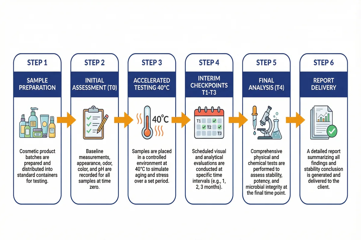Cosmetic stability testing process flowchart from sample preparation through to final report delivery
