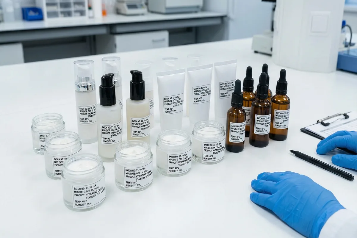 Properly labeled cosmetic product samples prepared for stability testing submission