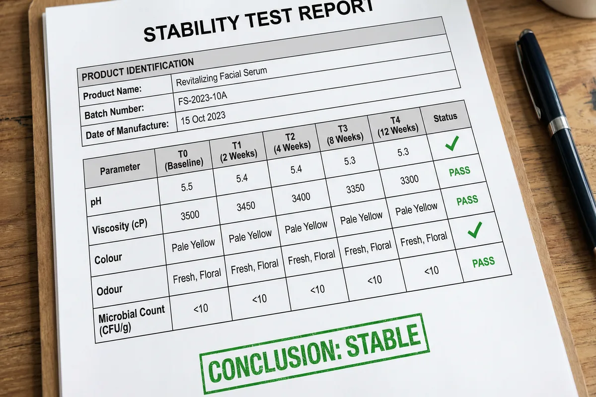 Example cosmetic stability test report showing data tables for pH, viscosity, colour tracking